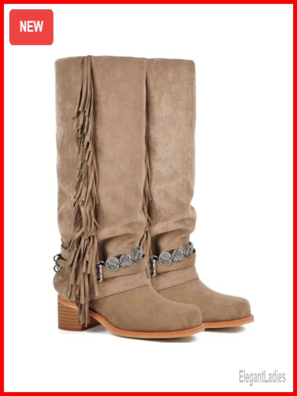Suede Knee High Riding Boots Fringe Buckle Chunky Heel Square Toe